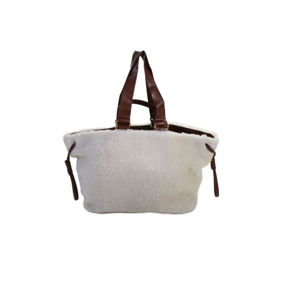 Anthropologie Womens Faux Fur Zip Large Tote Shoulder Bag Handbag Cream Brown